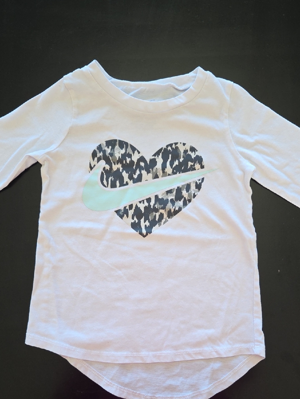 Nike White Long Sleeve Tee with Leopard Heart and Mint Swoosh